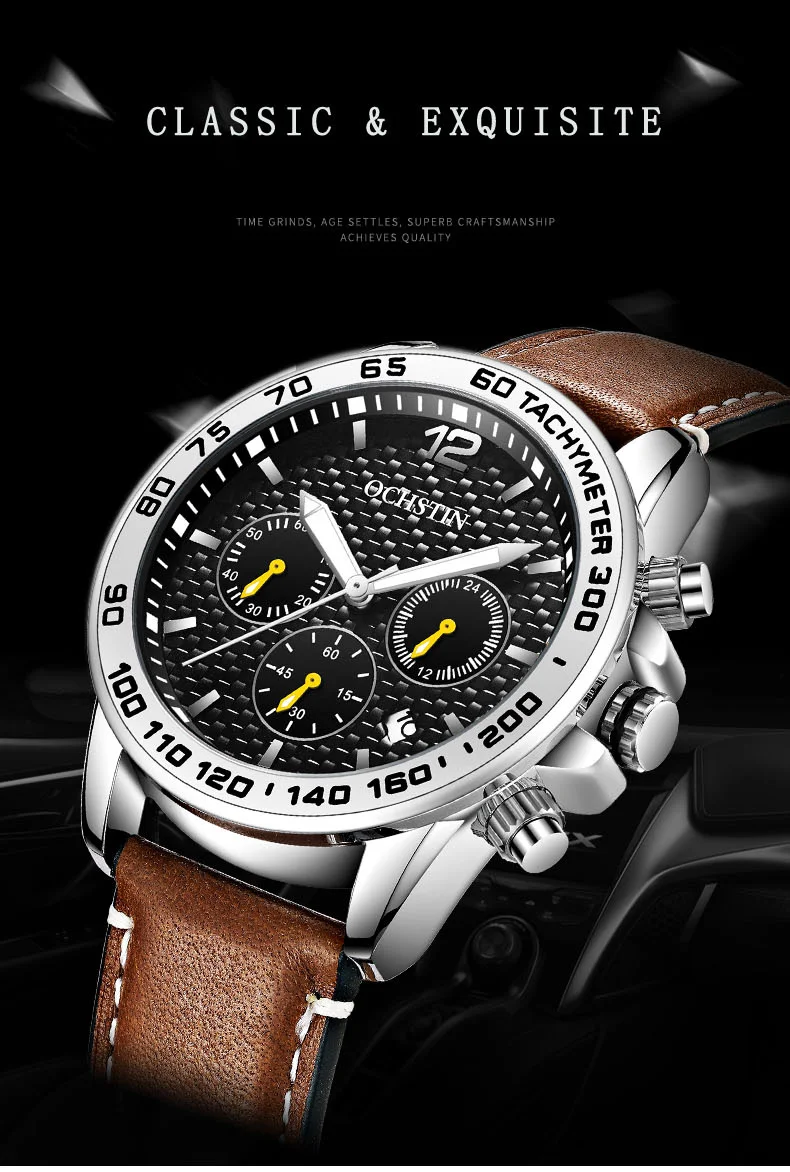 OCHSTIN мужские часы Топ бренд класса люкс Хронограф наручные часы Дата Военный Спорт натуральная кожа мужские часы Relogio Masculino 6117