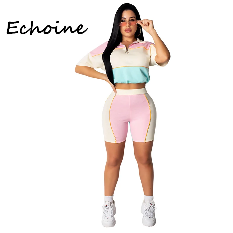 

Echoine Casual Tracksuit Women Color Patchwork Short Sleeve Turn Down Collar Crop Tops + Pants 2 Pieces Set Plus Size