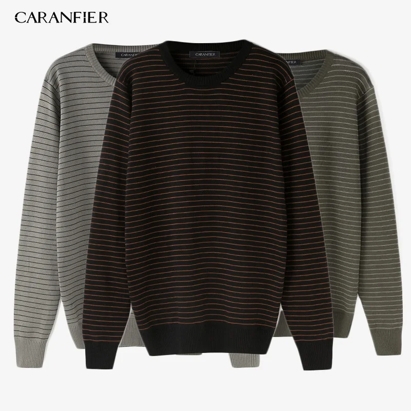 

CARANFIER Autumn Spring Stripe Sweater Men Warm Sweaters Pullovers Loose Casual O-Neck Pure Stitching Sweater Pull Homme 3PCS