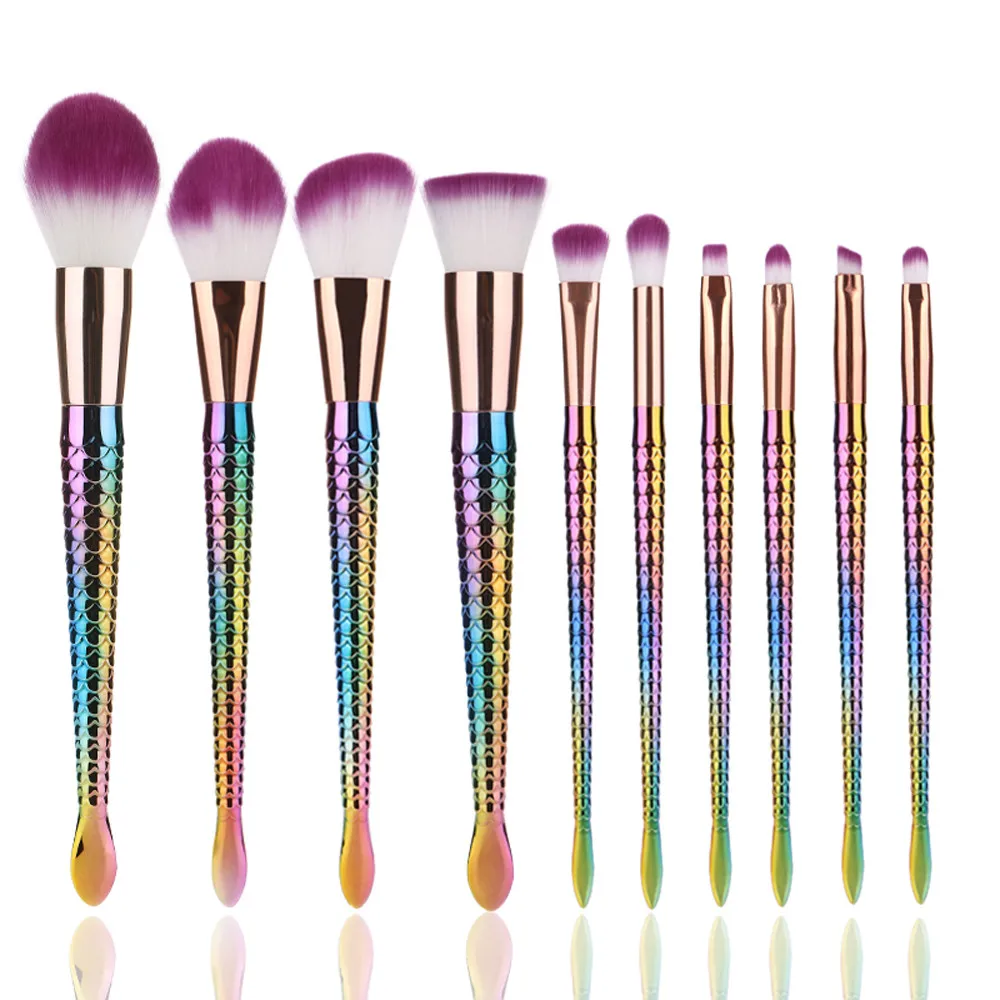 

New Arrival 10Pc Mermaid Foundation Eyeshadow Contour Eye Lip Makeup Brushes Set pincel maquiagem косметика W100