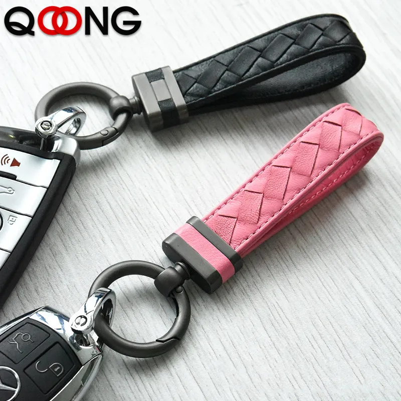 

QOONG New High Grade Men Women Key Chain Woven Genuine Leather Rope Lovers' Keychains Gift For Car Couple Key Rings Holder S02