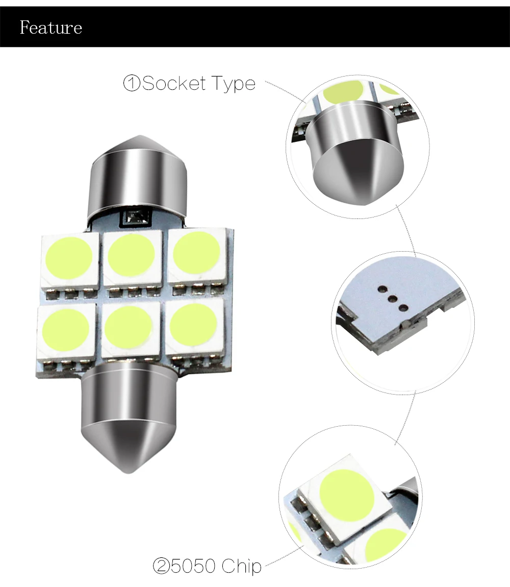 1 шт. белый 31 мм 36 мм/39 мм/41 мм Festoon 5050 SMD 6 светодиодный лампы C5W Автомобильные светодиодные фары для автомобиля лампы 12 V аксессуары для салона