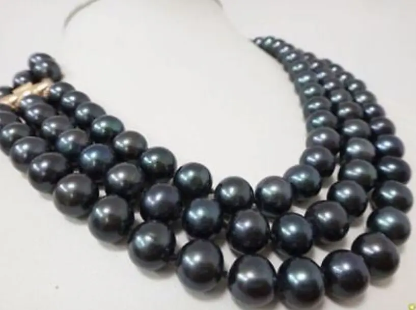 

FREE SHIPPING HOT sell new Style >>>> 3 Rows 9-10MM AAA TAHITIAN BLACK PEARL NECKLACE 17-19" 14KGP CLASP