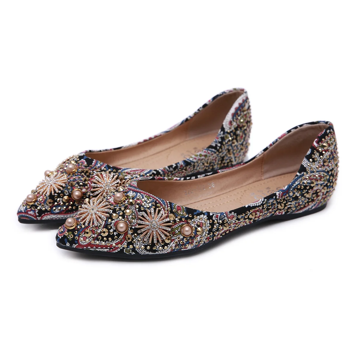 

Shoes Women Crystal Flats Loafers Fashion Printing Pointed Toe Shoes Metal Decoration Slip on Slides Comfortable Zapatos Mujer