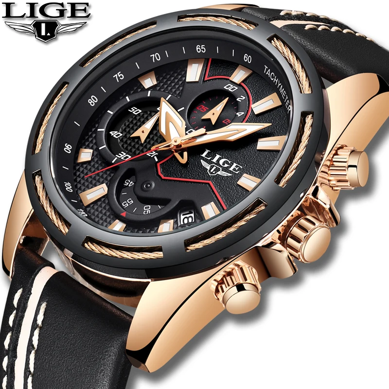 

New LIGE Fashion Mens Watches Top Brand Luxury Sport Quartz Watch Men Leather Waterproof Military Watches Date Relogio Masculino