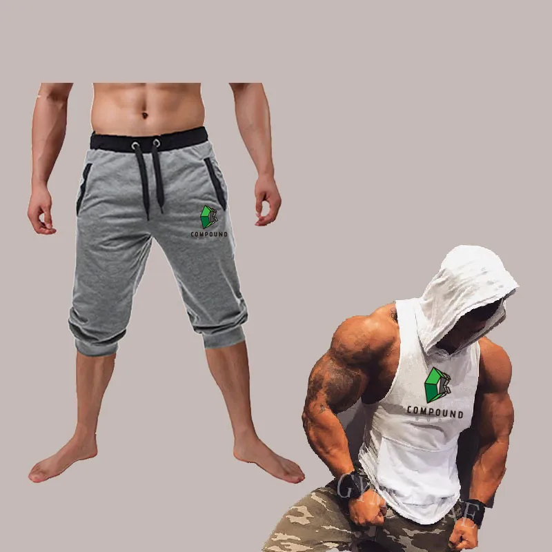 Фитнес короткие+ жилет с капюшоном бега повседневная одежда тренировки Мужская Шорты Летний модный костюм мужские повседневные длинные Шорты