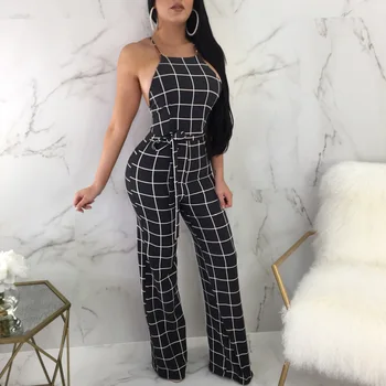 

Summer new fashion high waist women's pants loose wide leg pants strap plaid stripes Slim stretch sexy ladies jumpsuit