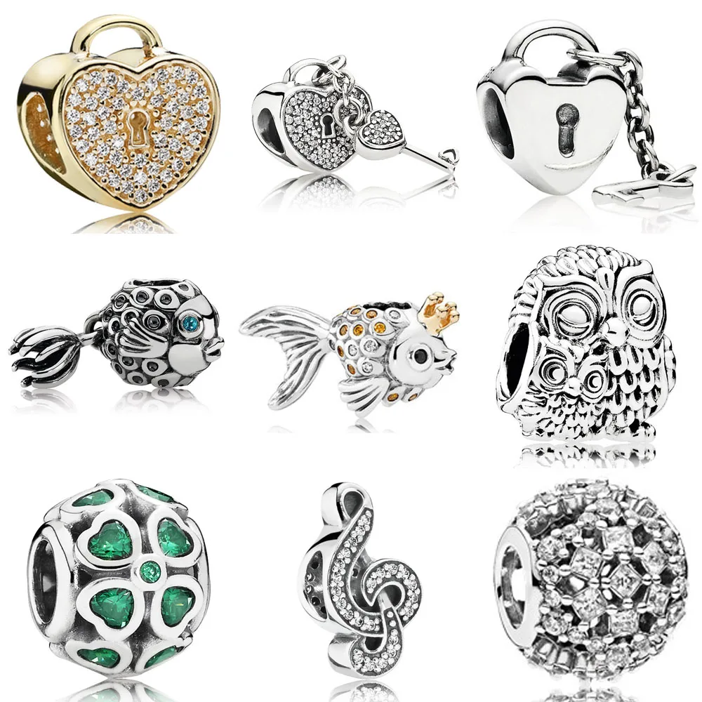 

WPB High Quality 925 Silver Cute Little Goldfish Love Lock 9 Charm Beads for Original Bracelet Beautiful Gift