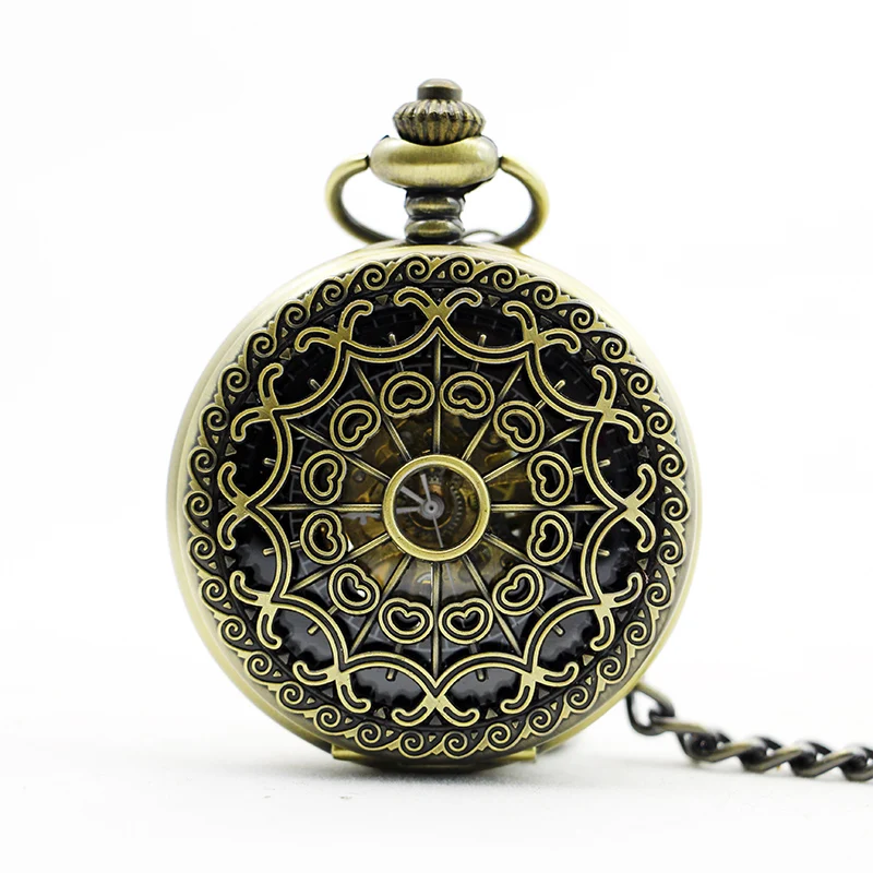 Classical Bronze Spider Web Heart Copper Hollow Mechanical Pocket Watch Retro Chain For Men Women Gift | Наручные часы