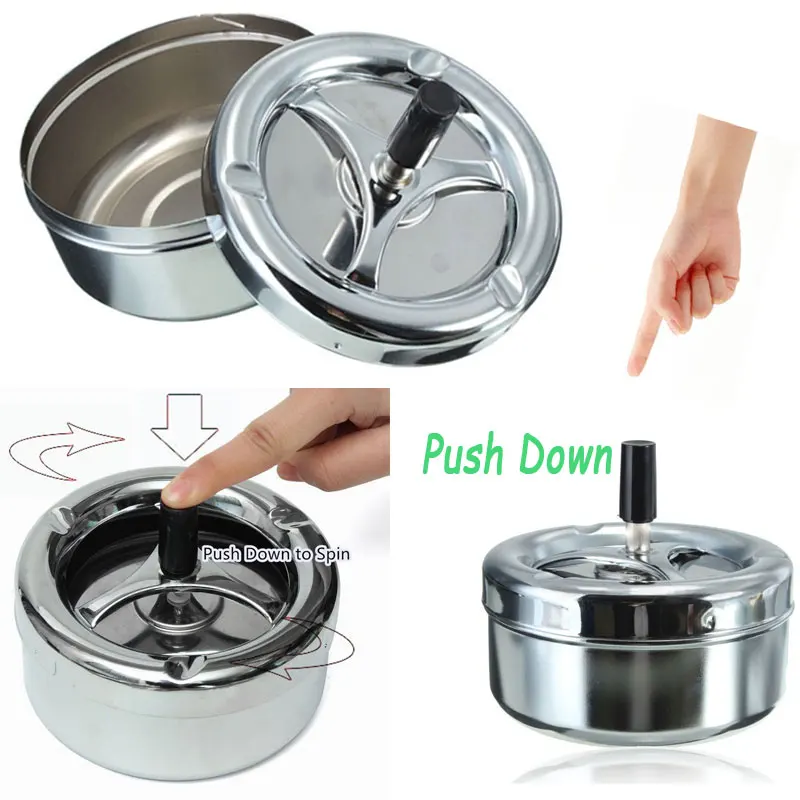 

Stainless Steel Ashtray Spinning Plain Ashtray Cigarette Ash Tray Push Down Lid Smoking Accessories