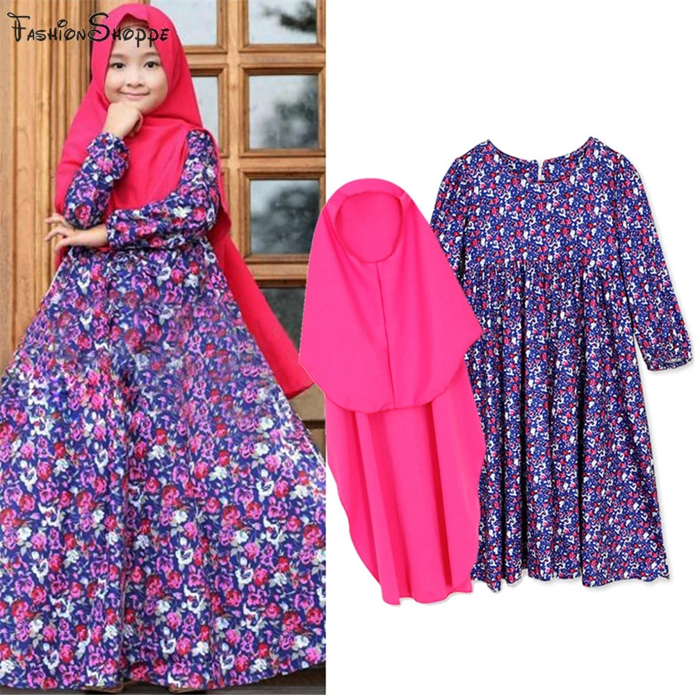 Muslim Girls Prayer Long Maxi Dress Hijab Set Kaftan Arab Kids Islamic Abaya @