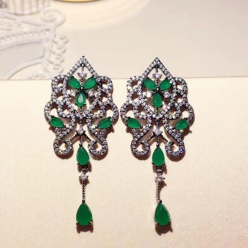 

XF Hot Copper Zircon Mint Green Stone Tassel Stud Earring Women Wedding Flower Tassel Shield Lucky AP Earring 925 Silver Ear Pin