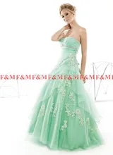 2016 neue Mode Kostenloser Versand Neue Trägerloses Eine Linie Abendkleid Bodenlangen Appliques Mint Green Lange Prom Kleider F & M1169