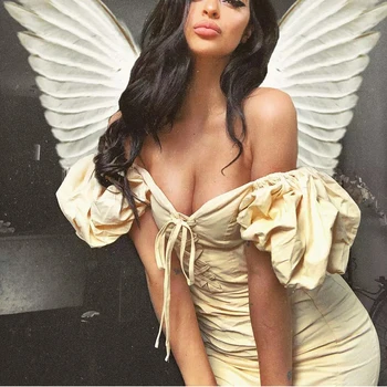 

Newest Fashion Off the Shoulder Latern Sleeve Mini Bodycon Dress Women Slash Neck Elegant Beige Party Dresses Robe Gown