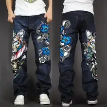Для мужчин длинные брюки для девочек мешковатые свободный крой джинсы в рэп-стиле хип хоп Скейт джинсовые штаны с принтом мотобрюки прямые стрейч повседн