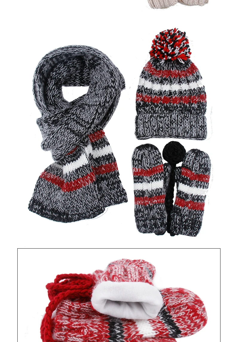 CIVICHIC теплый подарок зимняя вязаная шапка шарф перчатки 3 шт. женские шикарные шапочки с помпоном полосатый платок бархатные рукавички цветная шапка SH187