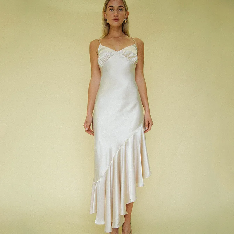 Ursohot High Split Satin Sexy Party Maxi Dress Women 2019 Summer Spaghetti Strap V Neck Ruffles Long Dresses Bodycon Sundress