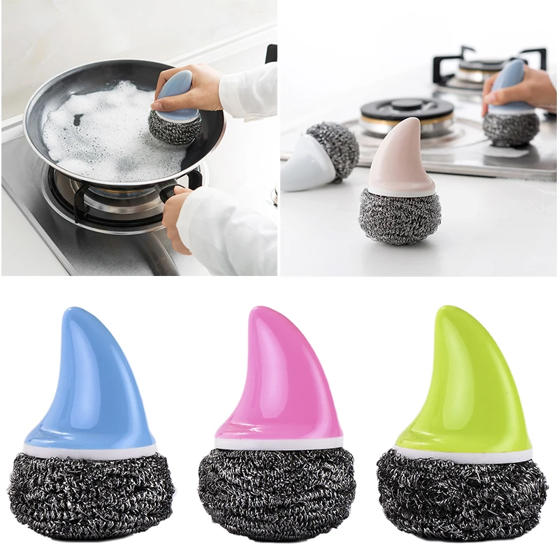 

Reusable Stainless Steel Ball Cleaner Plastic Shark Handle Kitchen Brush Dish Cleaning Tool Household Cleaning Tool Handle Brush