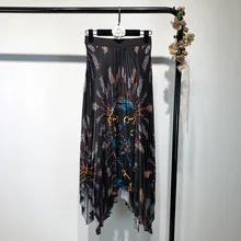 Винтажная длинная юбка женская с высокой талией черная Асимметричная плиссированная длинная юбка с принтом Корейская Женская Стандартная юбка