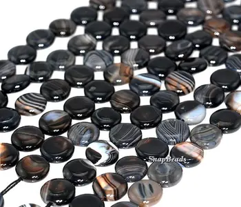 

12mm Banded Agate Gemstone Striped Black Flat Round Circle Loose Beads 15 inch Full Strand (90145993-260)