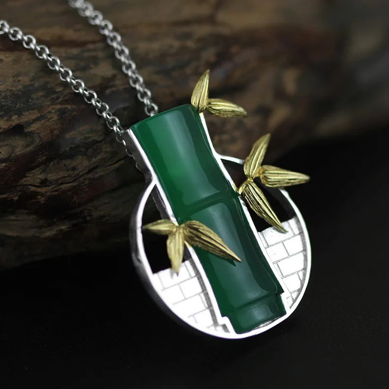 

INATURE 925 Sterling Silver Natural Green Chalcedony Necklace For Women Vintage Bamboo Pendant Necklaces Jewelry