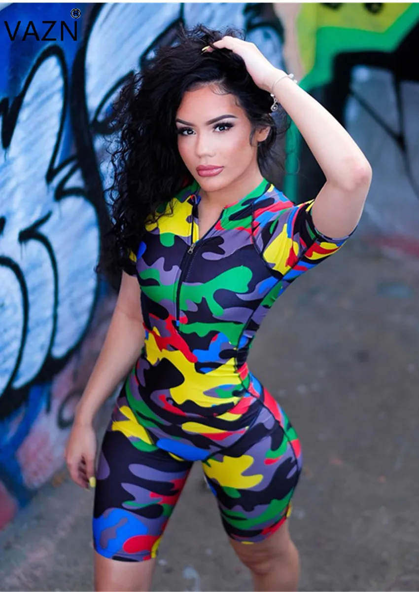 

VAZN summer 2019 women casual short sleeve zipper camouflage printed comfortable jumpsuits short pants MYP8845