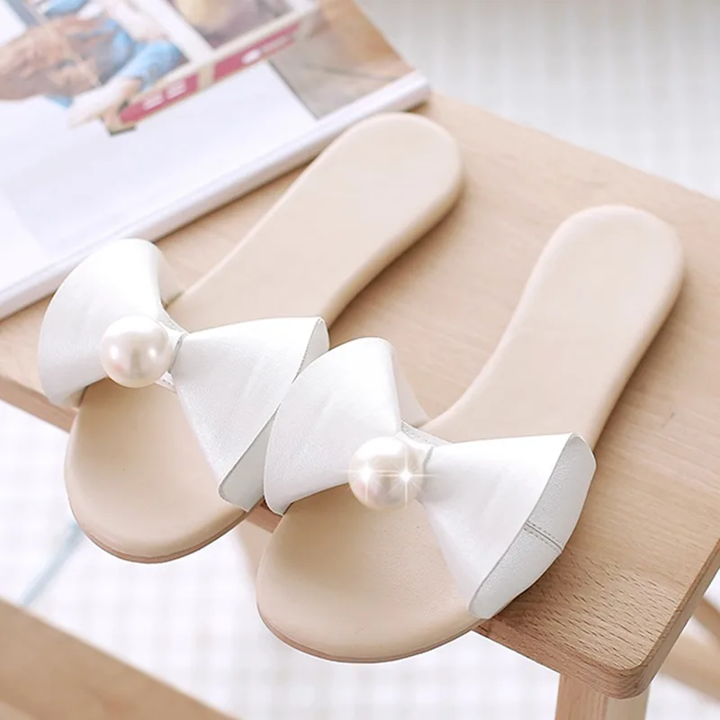 

pink sweet bow knot slippers women pearl studs flip flops woman student korean style open toe beach sandals lady summer mules