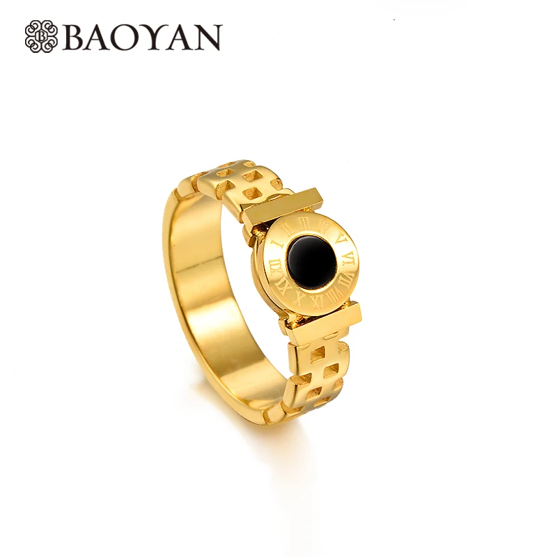 

Baoyan Black Acrylic Stone Bezel Vintage Setting Roman Numberal Gold Stainless Steel Rings For Women Elegant Jewelry Ring