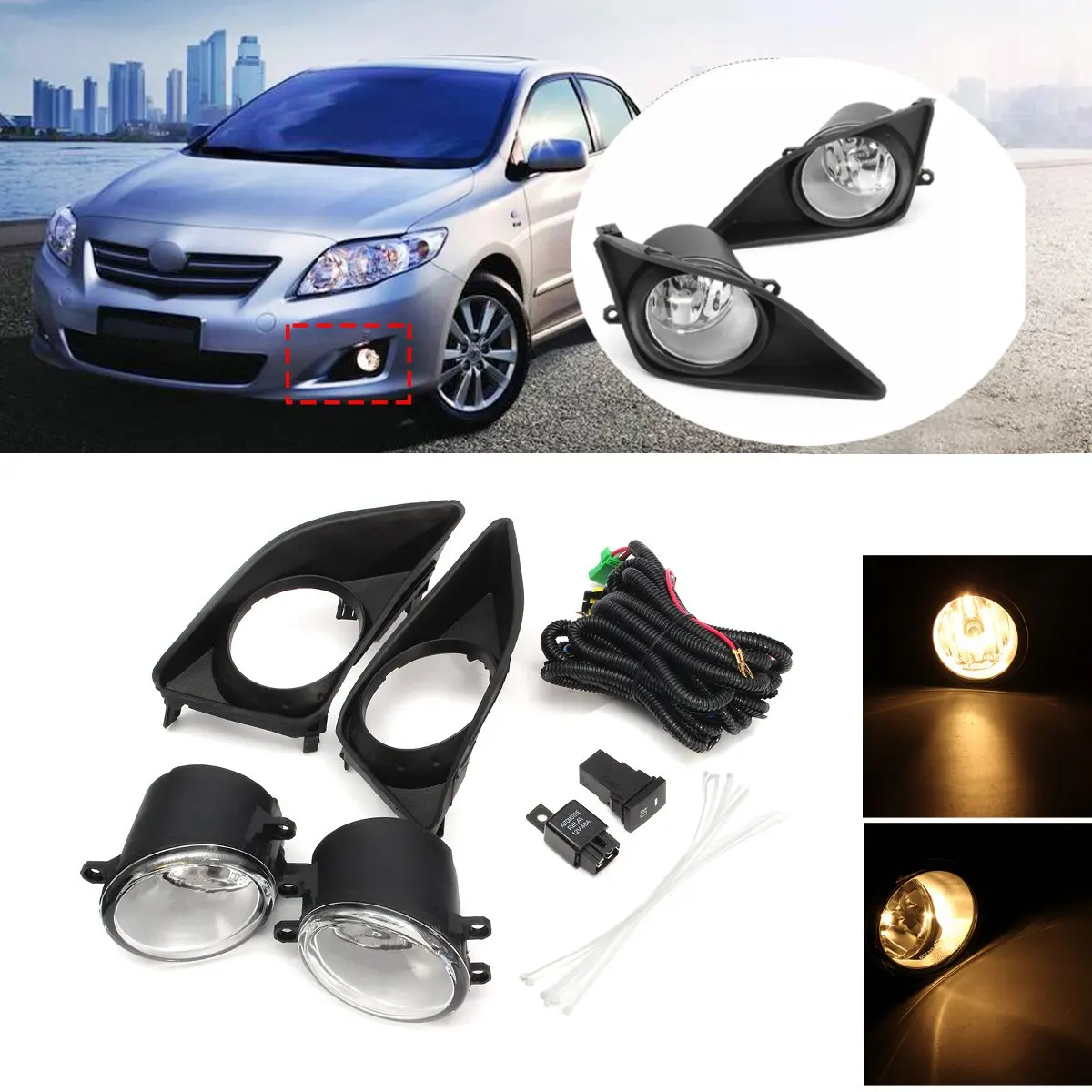 2Pcs Front Bumper Left Right Fog Lights Lamp+Black Grille Covers Switch