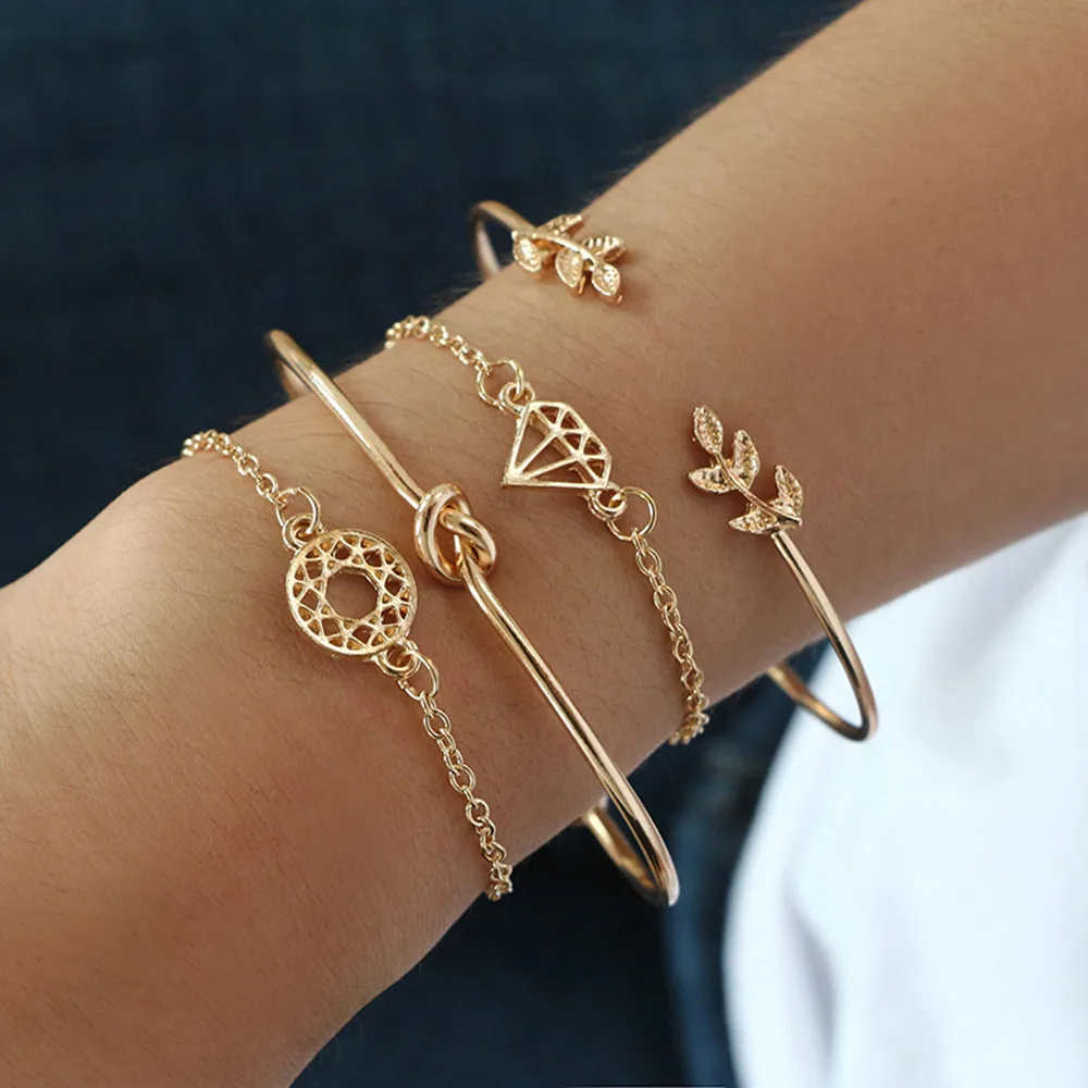 

4Pcs Elegant Women's Crystal Rose Flower Bangle Cuff Bracelet Jewelry Gold Set For Women Jewelry Gift Mujer Pulseras #4J11