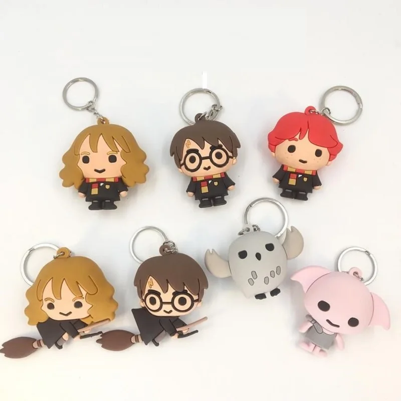 HP Harri with Brooms PVC 3D Keychain Toys Hedwig Dobby HARRI Hermione Owl Ron Figure Key Ring Pendant Toys For Children keychain