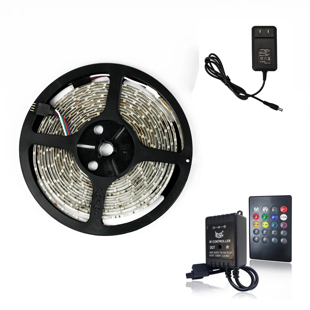 SuperNight RGB LED Strip Light+Power Supply+20 Key IR Remote Music Controller 5M SMD3528 300LEDs Waterproof IP65 Flexible Lamp_