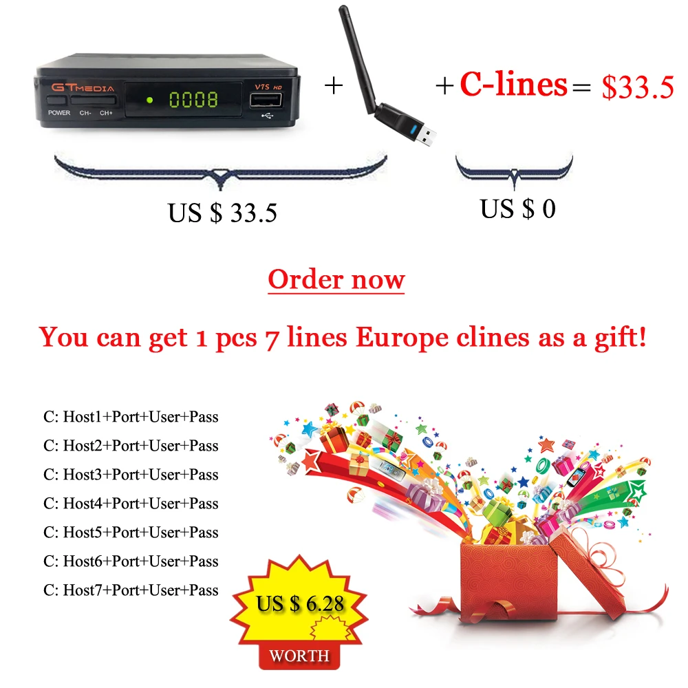 Горячая спутниковый ТВ приемник gt медиа V7s DVBS2 Европа Cline freesat v7s HD ТВ приемник с USB Wifi Поддержка PowerVu Biss ключ