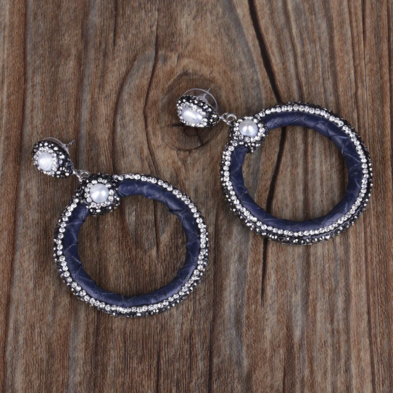 Полые большие кольца черные белые украшения со стразами темно-синие кожаные натуральные пресноводные жемчужные шпильки топ Висячие серьги для женщин