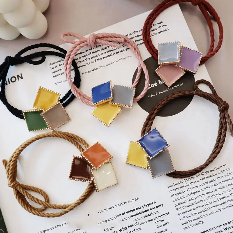 1pcs Macaron Color Acrylic Hair Bands Geometric Square Hit Color Enamel Hair ring Women Hair Accessories