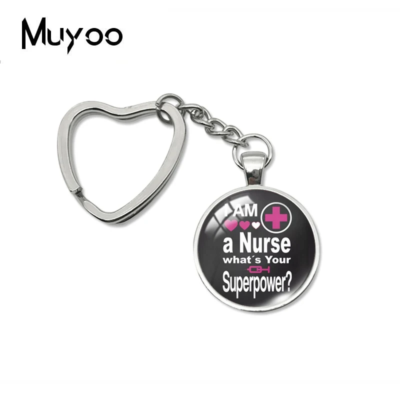 

2019 New I'm A Nurse What's Your Superpower Heart Keychain Glass Dome Key Chain Hand Craft Photo Jewelry
