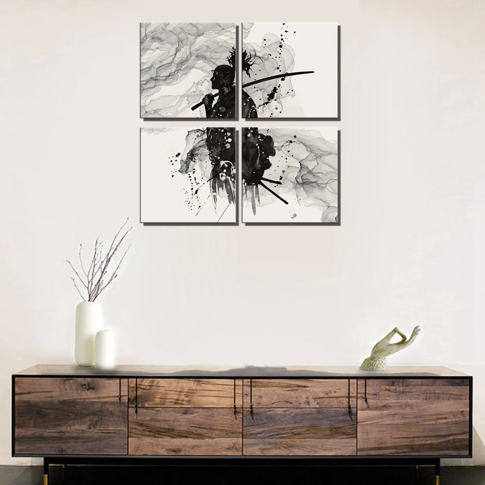 Japan Style Warrior Poster Wall Art Canvas Print Black and White