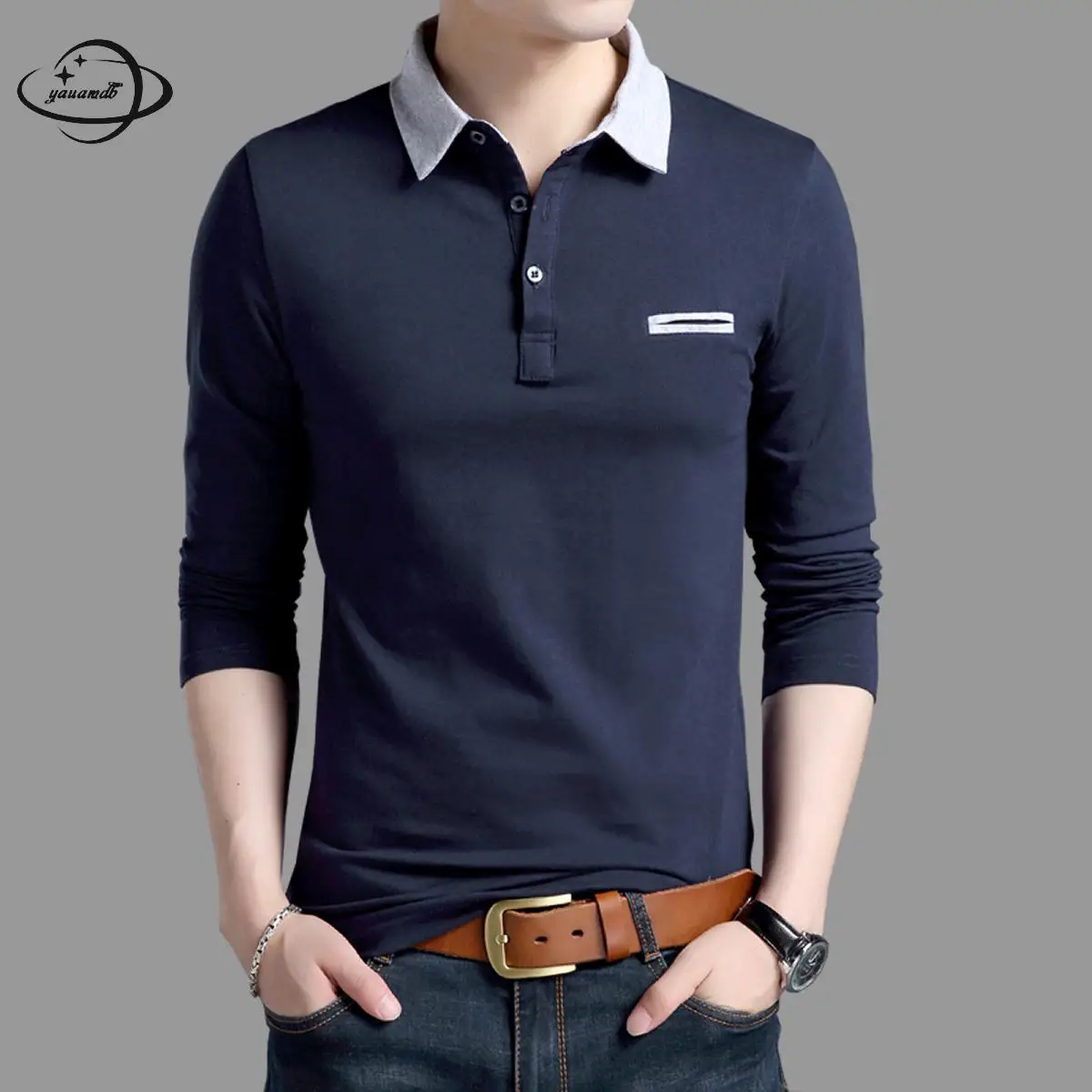 

YAUAMDB men polo shirt 2017 autumn winter size M-5XL male cotton long sleeve shirt casual slim turn-down collar solid tee y59