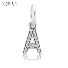 AIMELA Pave Clear CZ Letter A Dangle Charms Fit Women Bracelets 925 Sterling Silver Alphabet Charms Beads For Jewelry Making
