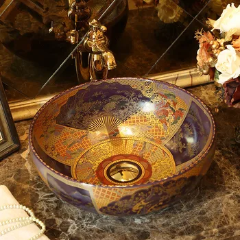 

China Handmade Lavabo Ceramic Washbasin Europe Luxurious Artistic Bathroom basin chinese round ceramic wash basin bathroom sink