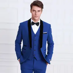 Королевский синий Slim Fit костюм Нарядные Костюмы для свадьбы для Для мужчин best человек Блейзер Куртка Черная шаль нагрудные Mariage смокинг