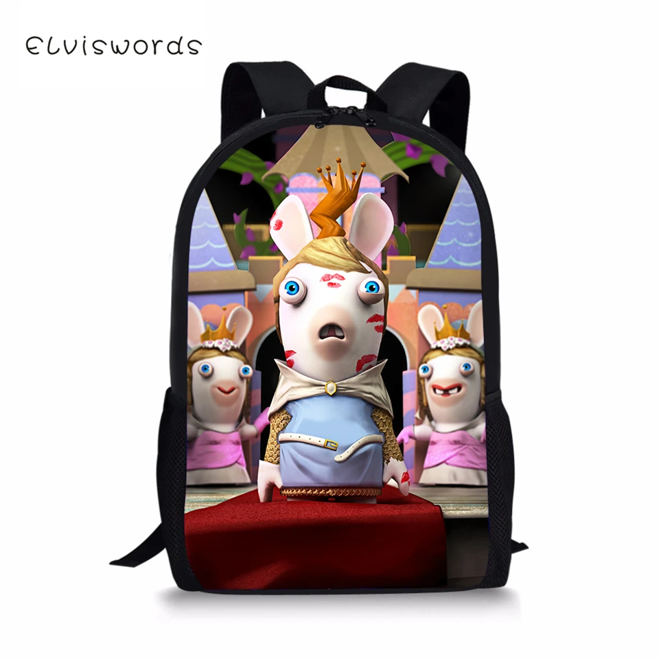 Детский Школьный рюкзак ELVISWORDS с принтом Raving Rabbids, дорожный Рюкзак Kawaii, школьные сумки для мальчиков и девочек