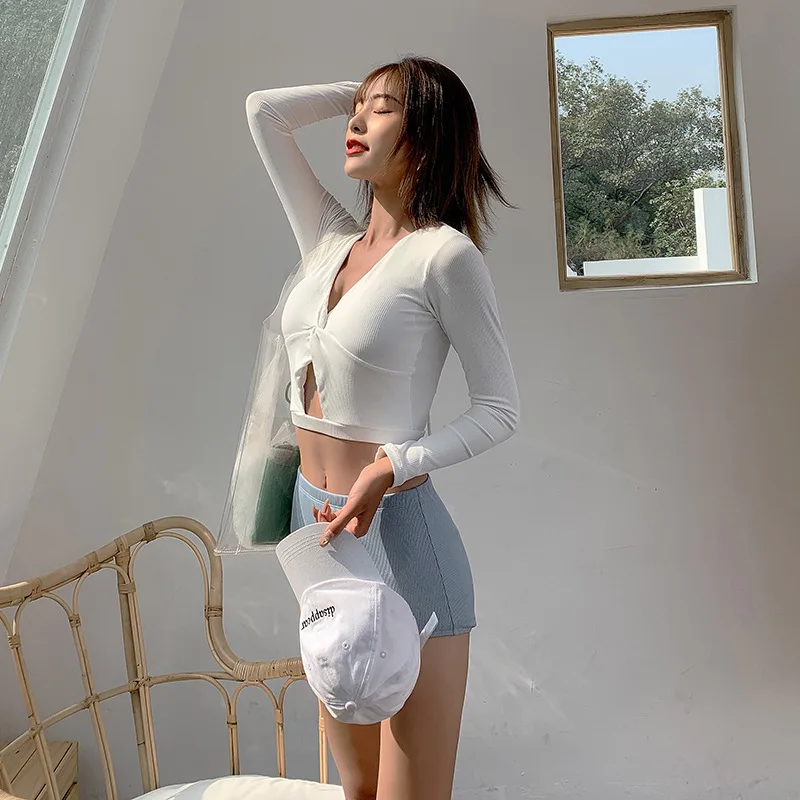 

Bikini Swimsuit Bikinis Female 2019 Rashguard Separate Summer New Korean Lace Knitted Split Long Sleeve High Waist Animal