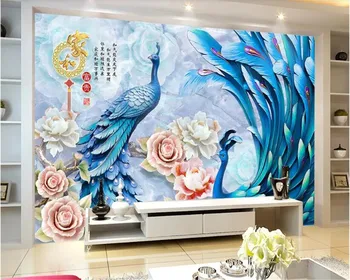 

beibehang wallpaper for kids room Home interior Custom peacock peony embossed decorative mural jade carving background wall