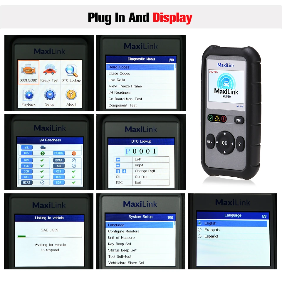 AUTEL MaxiLink ML529 сканер автоматический режим OBDII 6 OBD2 автомобильный диагностический инструмент eobd встроенный DTC динамик поиска четкий код считыватель