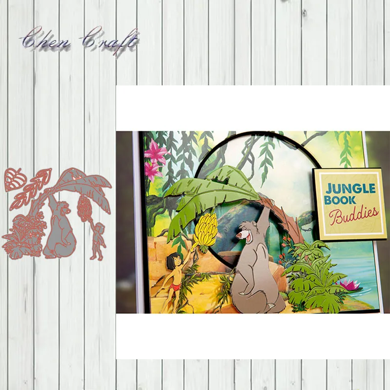 

Little boy and bear picking bananas Metal Cutting Dies Stencils for DIY Scrapbooking Album Paper Cards Embossing Dies
