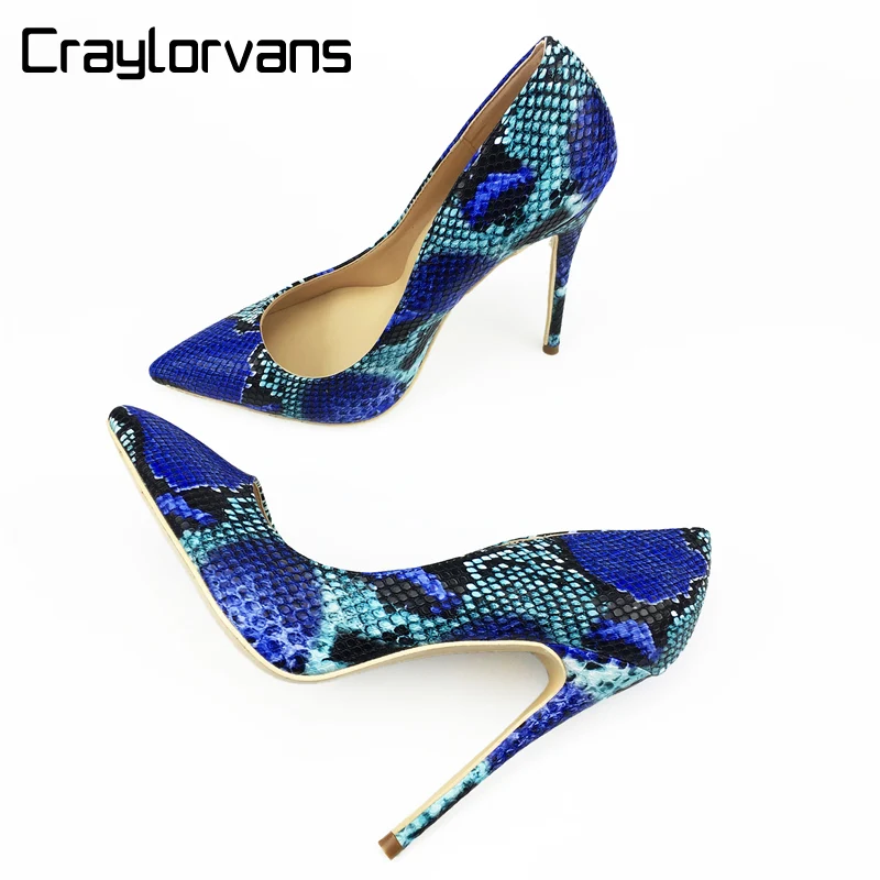 Prix Craylorvans 2018 NOUVEAU ARRIVENT Femmes Chaussures Bleu Serpent Imprimé Sexy Stylets de Hauts Talons 12 cm 10 cm 8 cm Bout Pointu Femmes Pompes