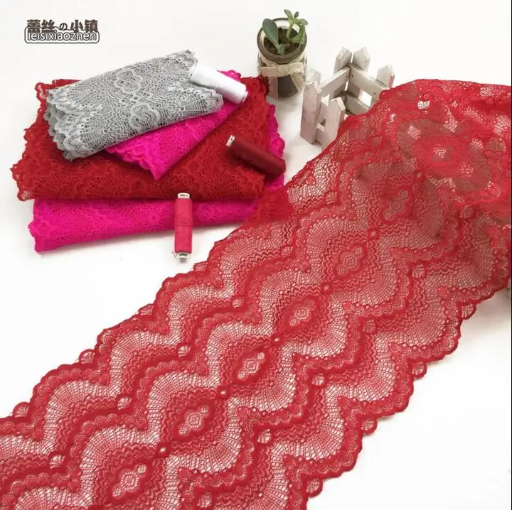 

New Arrival 2 Meters High Quality Applique Sewing Craft DIY Elastic Lace Fabric 23CM Pretty Amazing Red Flower Lace Trim