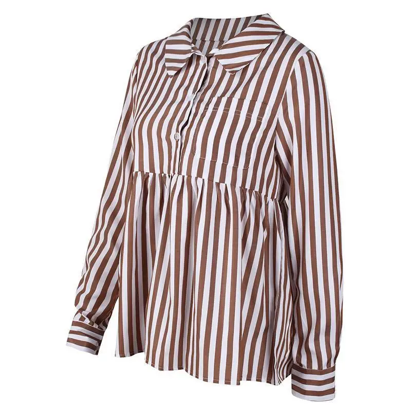 Осенние женские блузки в полоску с длинным рукавом и отложным воротником, женские офисные рубашки на пуговицах, топы, блузы WS9171C