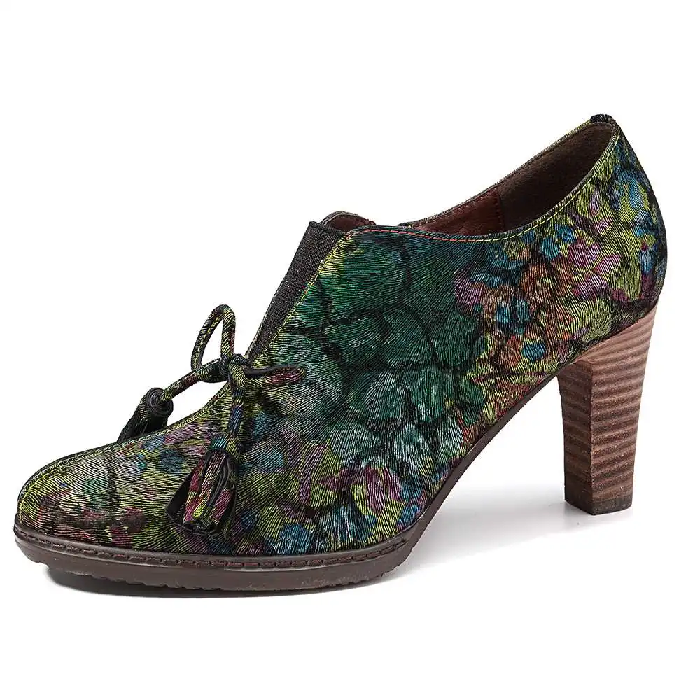 SOCOFY/Винтажные туфли-лодочки из натуральной тисненой кожи с бантиком-бабочкой и эластичной строчкой на молнии; весенние женские туфли-лодочки на молнии - Цвет: Зеленый